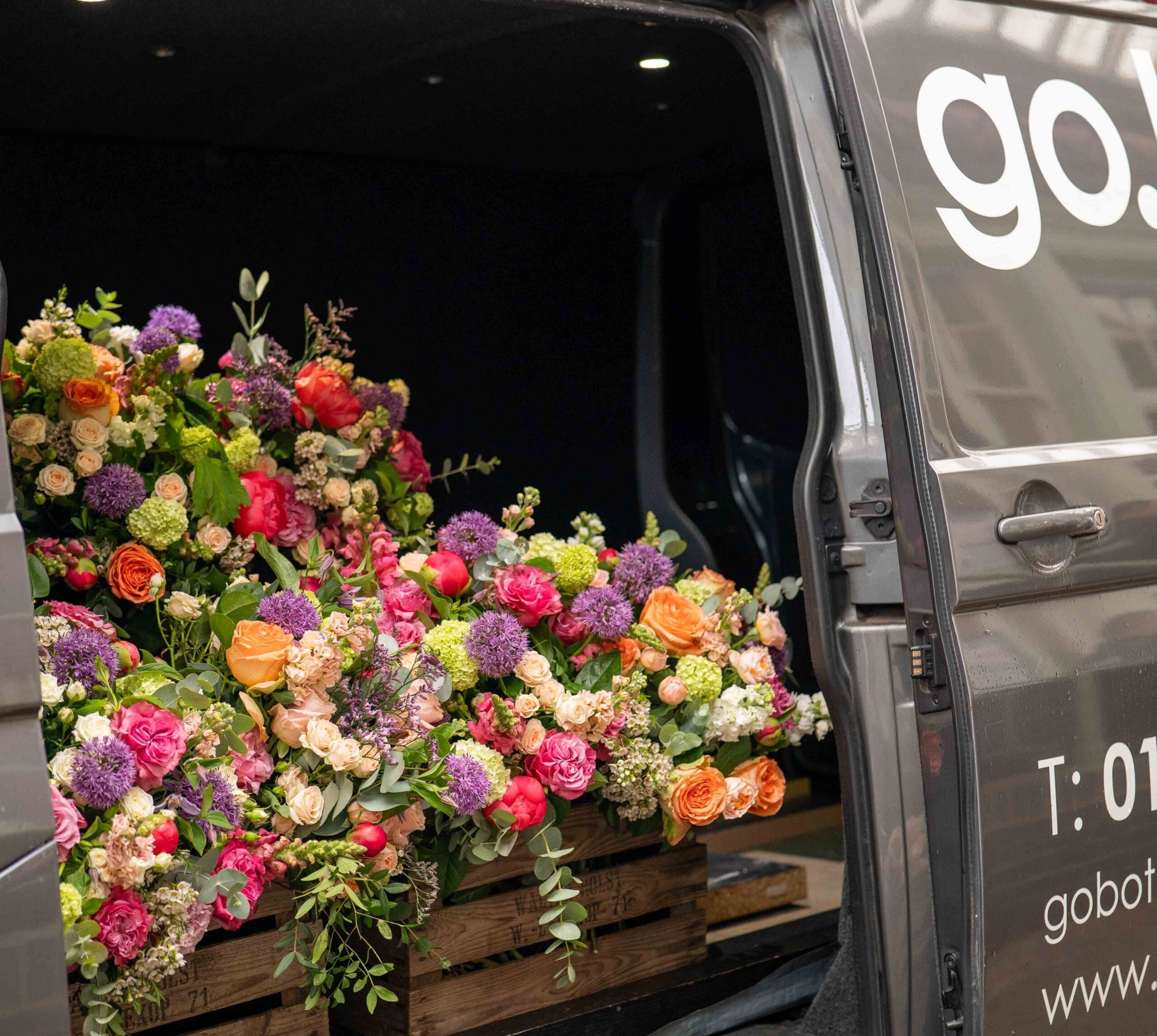 Bouquets of flowers in a van